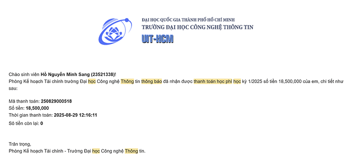 Minh chứng đóng học phí đợt 1